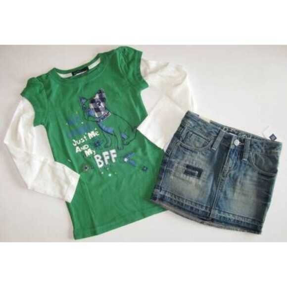 Baby GAP kids batik chic green BFF dog top shirt denim jean mini skirt 4 5 XS